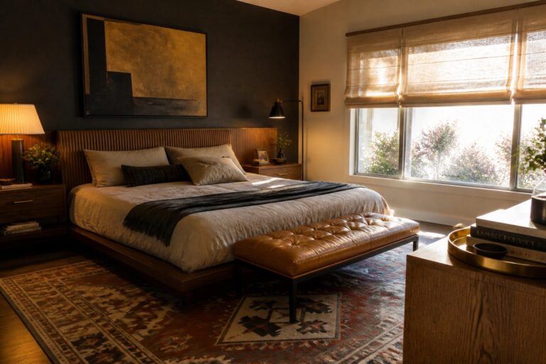 25 Sleek Gentleman Bedroom Ideas with Effortless Modern Style A bedroom with a dark gray accent wall behind a wooden platform bed dressed in gray bedding, a brown leather bench at the foot, nightstands with lamps, and a large abstract painting above the bed.