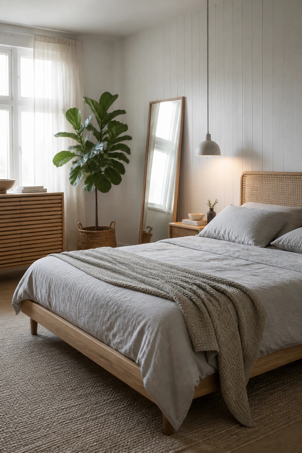 A bedroom featuring a low wooden bed with a woven cane headboard, layered gray linens, a full-length mirror, and a potted fiddle leaf fig near a window.
