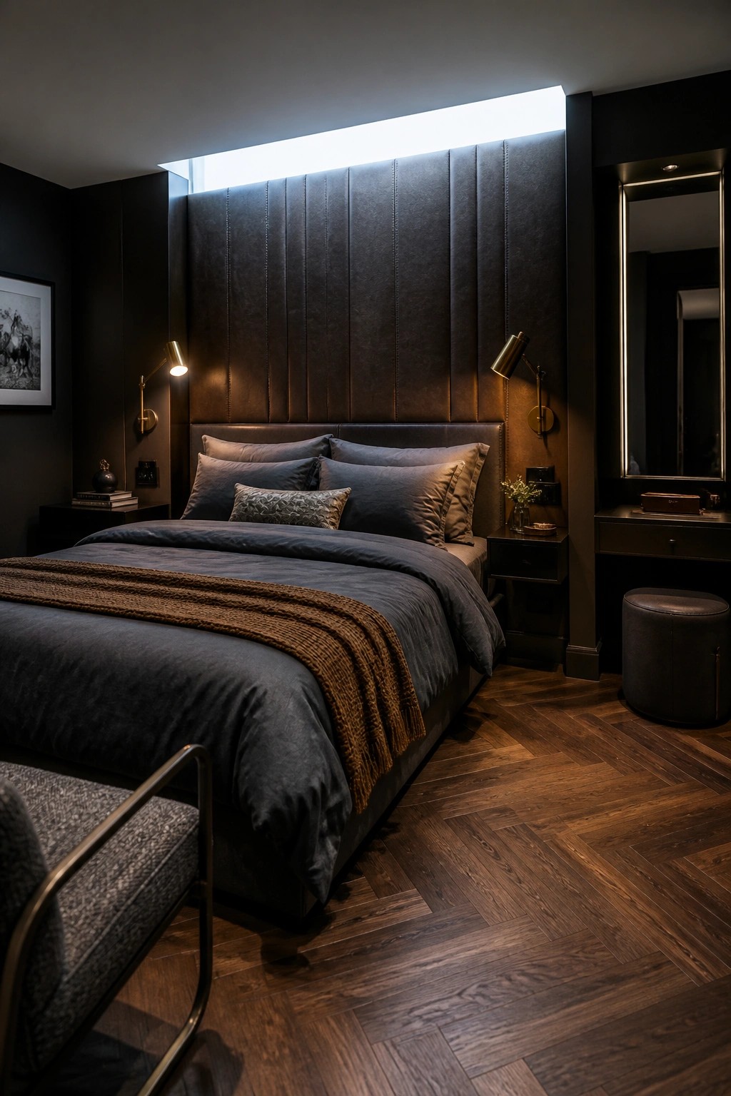 A modern bedroom featuring a tall dark leather headboard wall, navy bedding, brass sconces, and herringbone wood flooring.