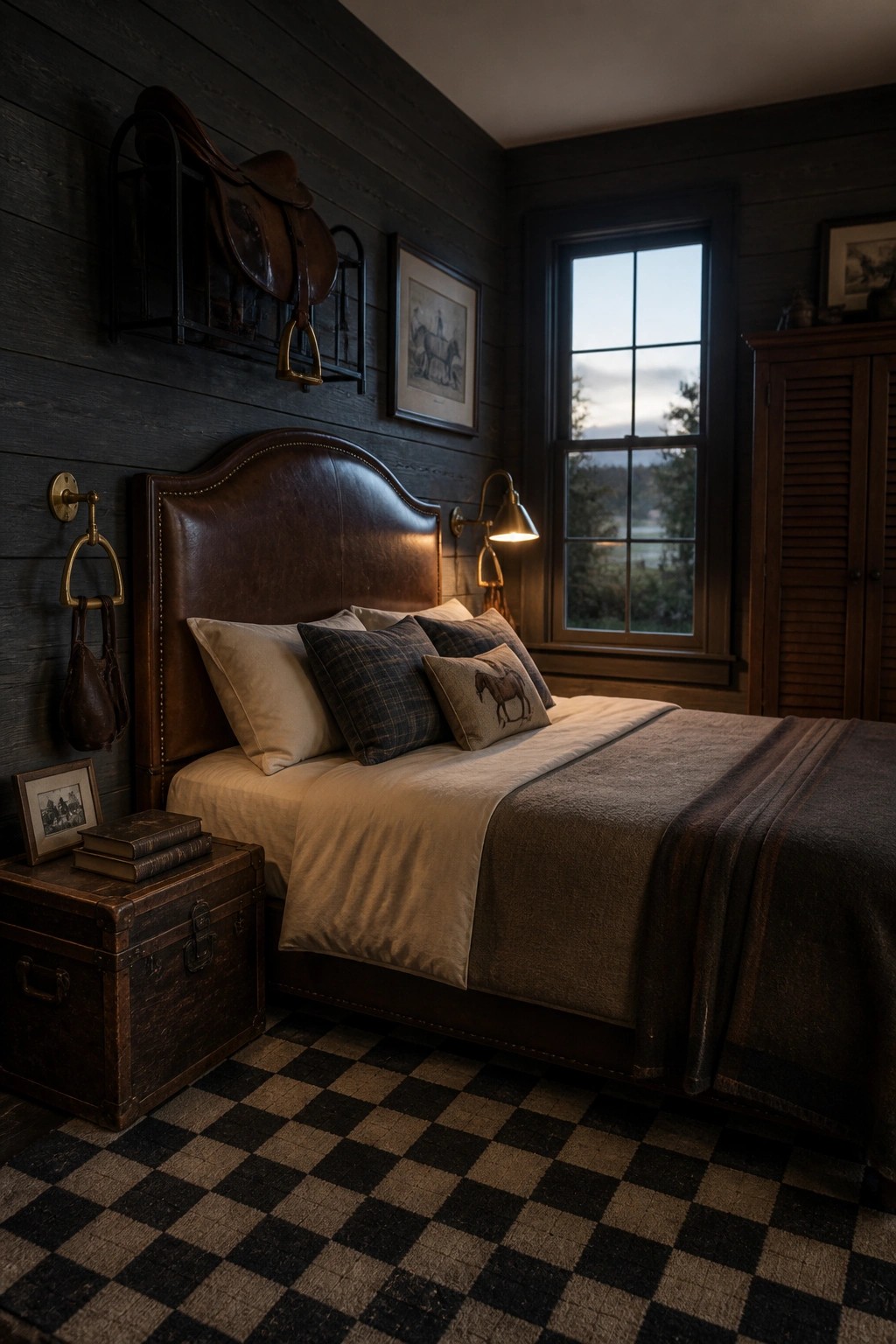 A bedroom featuring dark wood walls, a brown leather headboard, plaid and horse-embroidered pillows, a wooden trunk nightstand, and a black-and-tan checkered rug.