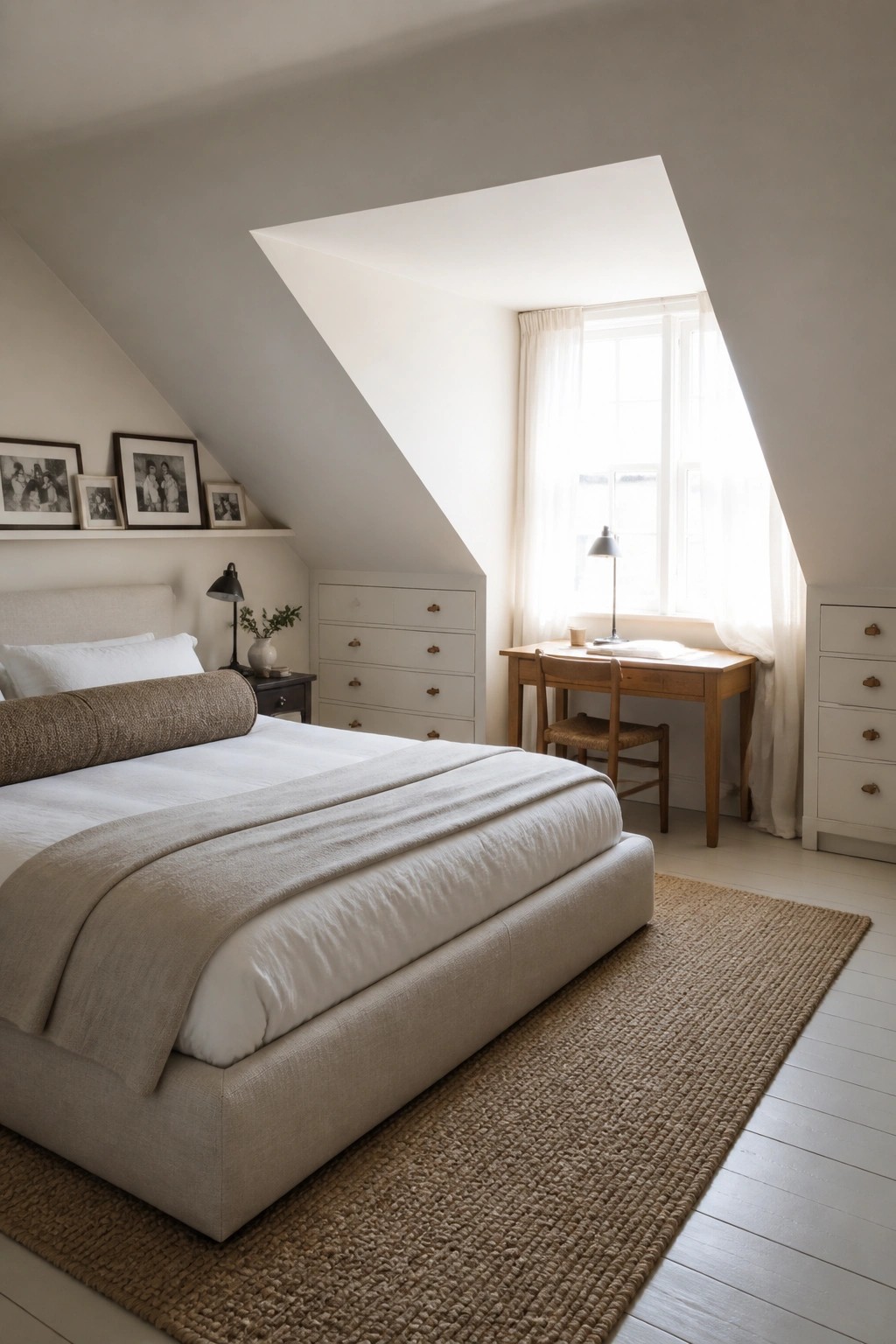 An attic bedroom with a large bed dressed in neutral linens sitting on a woven jute rug, a wooden desk under a window with sheer curtains, and framed photos on a shelf above the headboard.