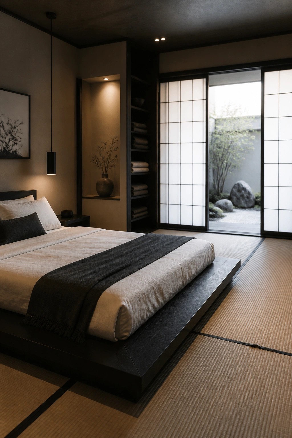 A bedroom with a low dark wood platform bed on tatami mats, light linens, and shoji screens open to a small garden.