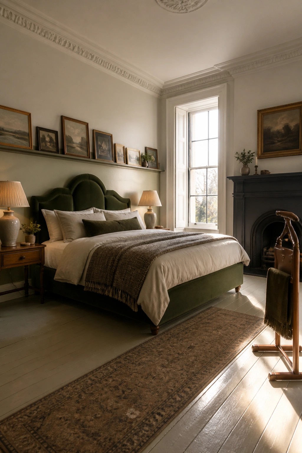Elegant bedroom with green velvet bed, white linens, dark fireplace, and sunlit window.