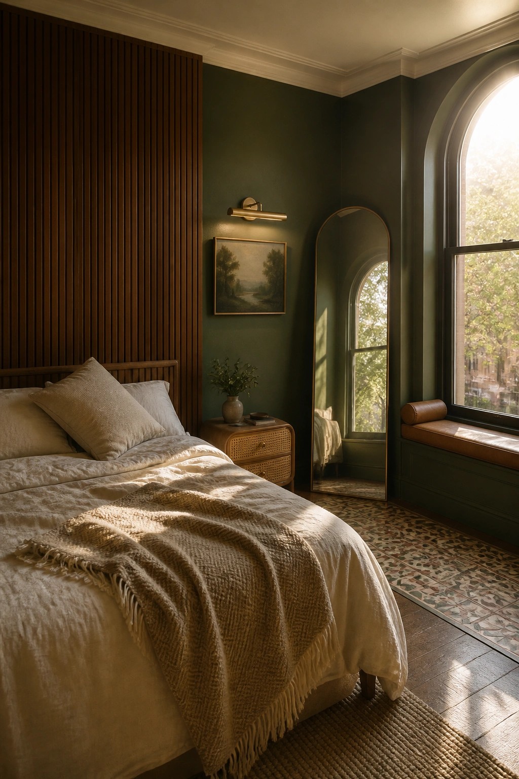 A bedroom with dark green walls, vertical wood paneling behind the bed, a bed with white linens and a beige throw, a nightstand, an arched mirror, and a window seat.