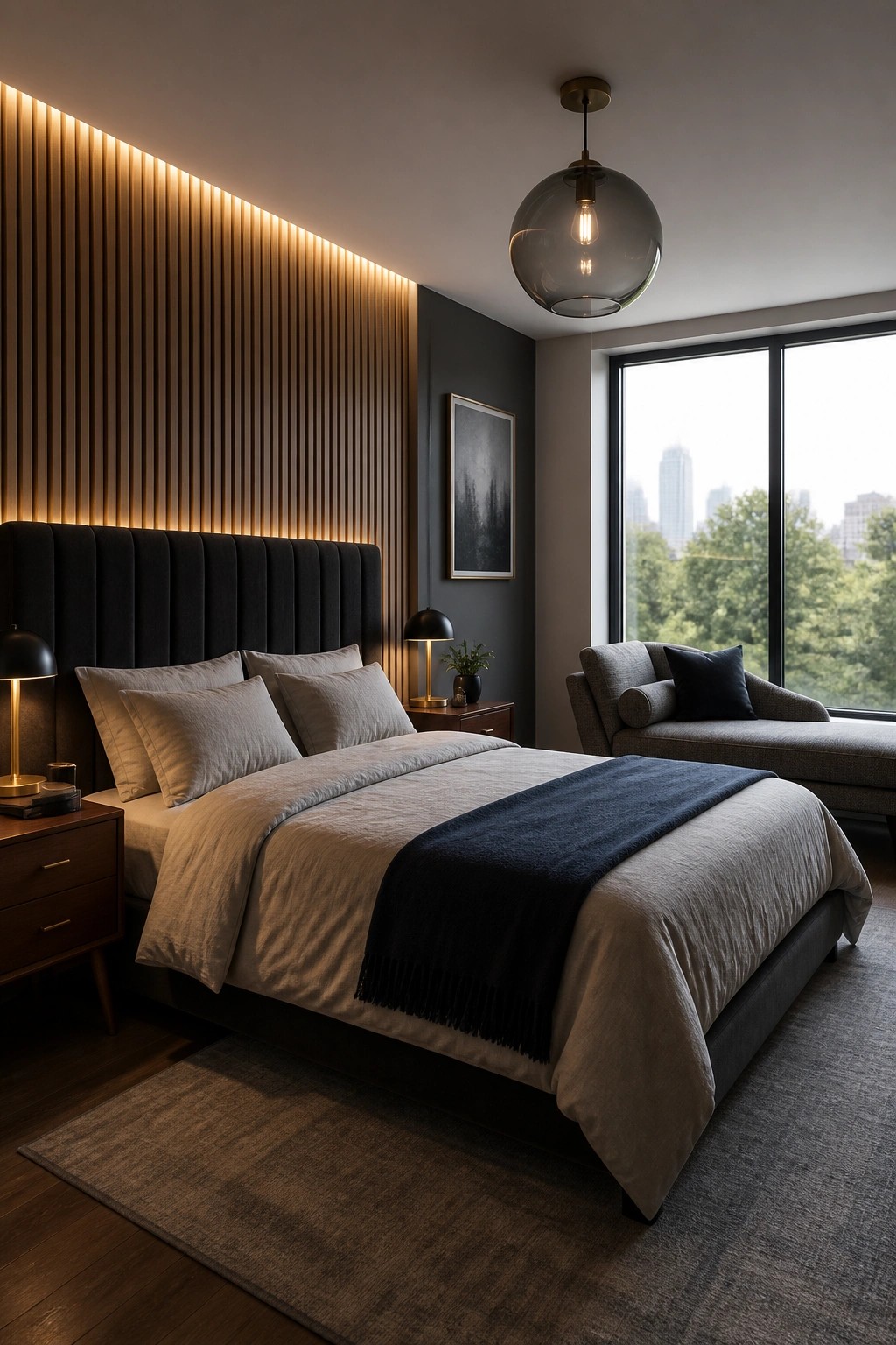 A bedroom with a dark upholstered bed, light gray bedding, and a navy throw, set against a tall wall of vertical wood slats with warm backlighting.