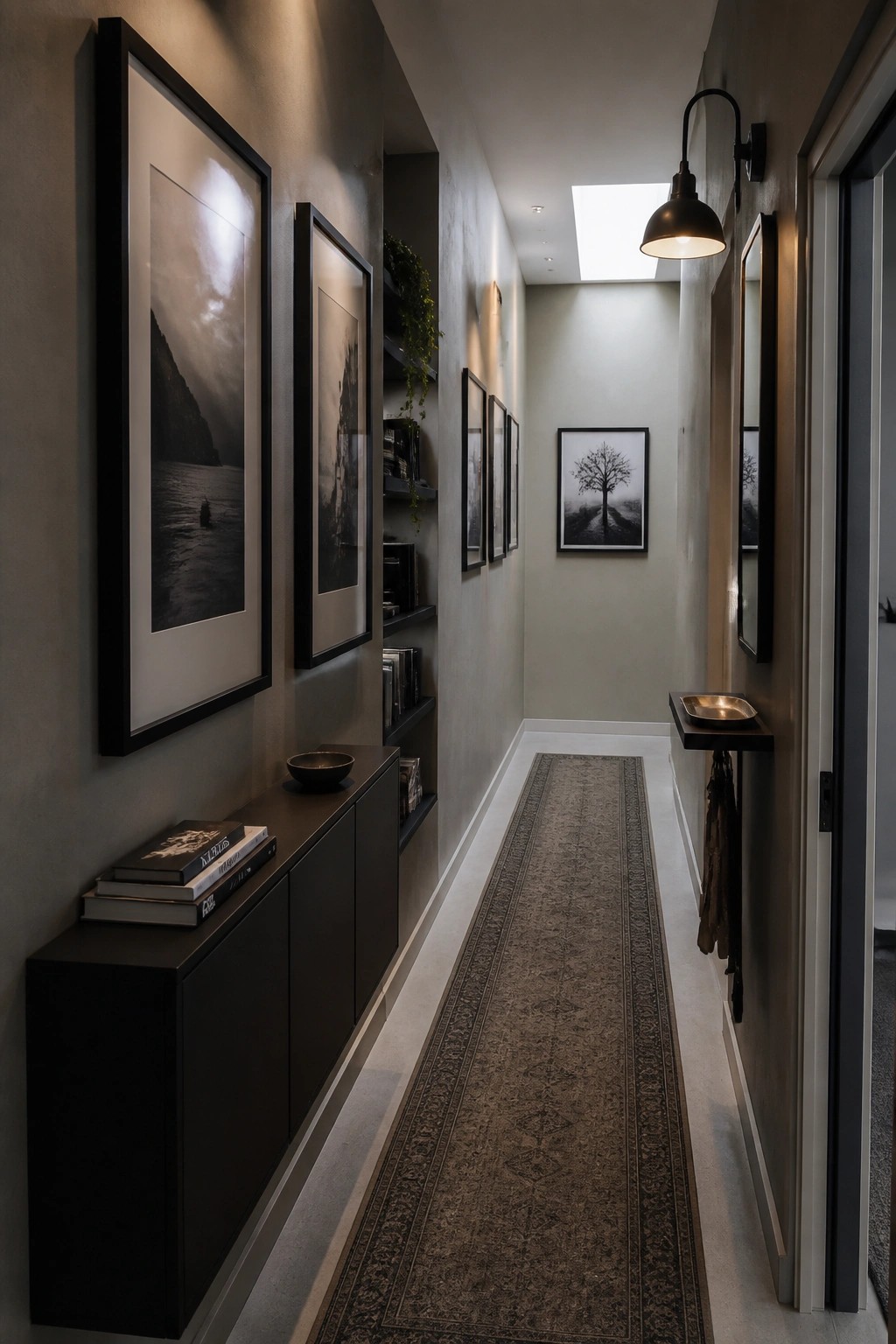 A narrow hallway lined with framed black and white photographs, floating dark shelves holding books, a low cabinet topped with stacked books, a long patterned runner, and a black wall-mounted light fixture.