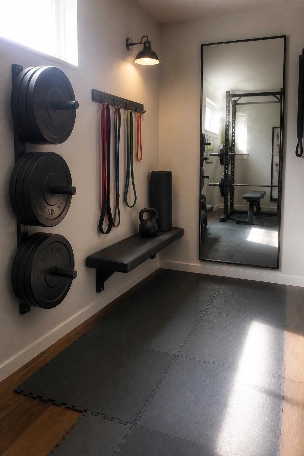 Interior of a small home gym showing black weight plates on wall mounts, resistance bands on a rack, a wall-mounted bench with a kettlebell and foam roller, and a large mirror reflecting a squat rack on black foam mats.