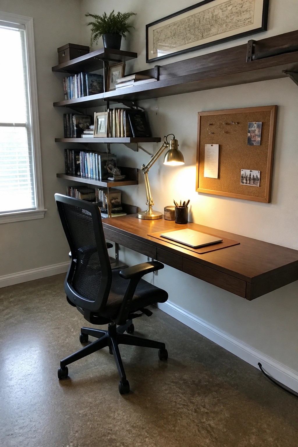 Dark wood floating desk with laptop and lamp, black office chair, bookshelves.