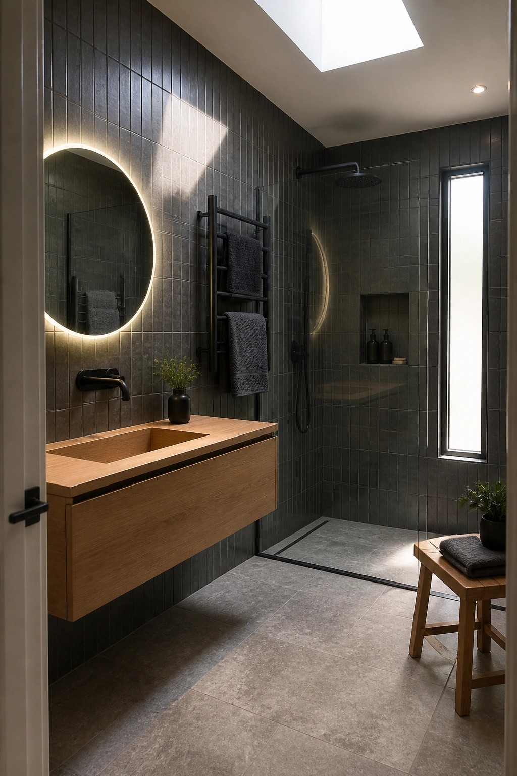 A modern bathroom featuring a floating wooden vanity with integrated sink, dark tiled walls, a round backlit mirror, and a glass-enclosed shower area.