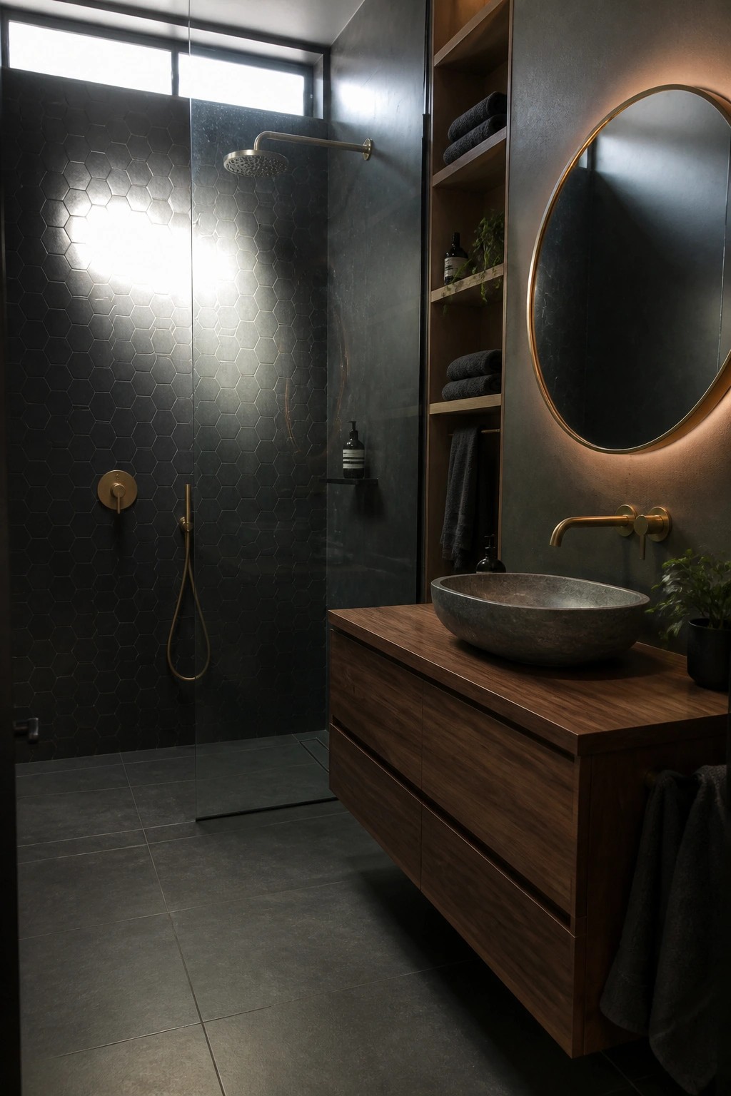 Modern dark-tiled bathroom with wooden vanity, stone sink, round backlit mirror, and shelves.