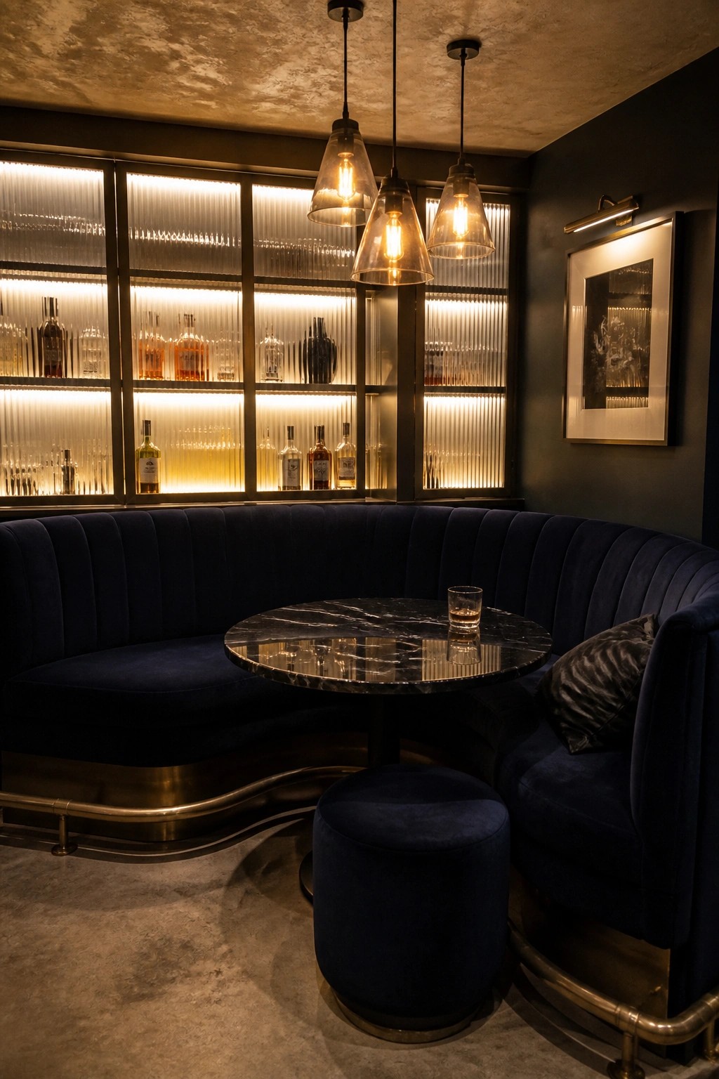 A curved dark blue velvet banquette sits around a round marble table beneath three glass pendant lights, with backlit shelving displaying bottles along the rear wall.