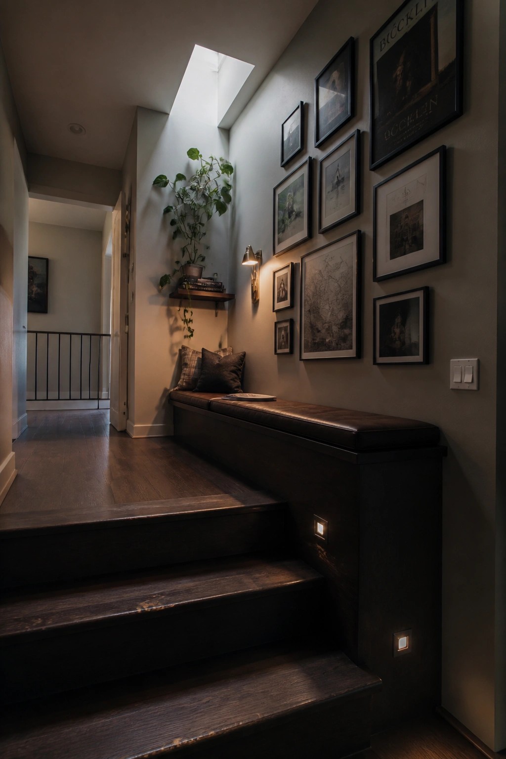 Dark wooden staircase with built-in bench, gallery wall, and skylight above.