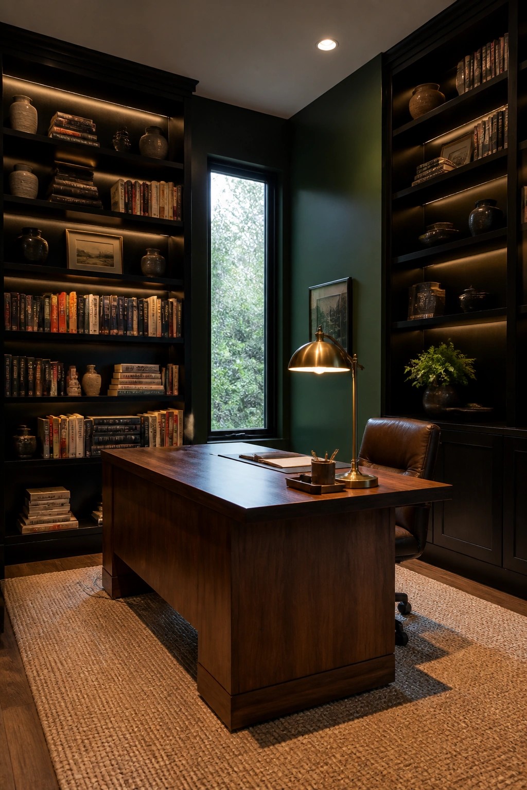A dark masculine home office featuring a large wooden desk, brown leather chair, and tall built-in bookshelves with warm integrated lighting.