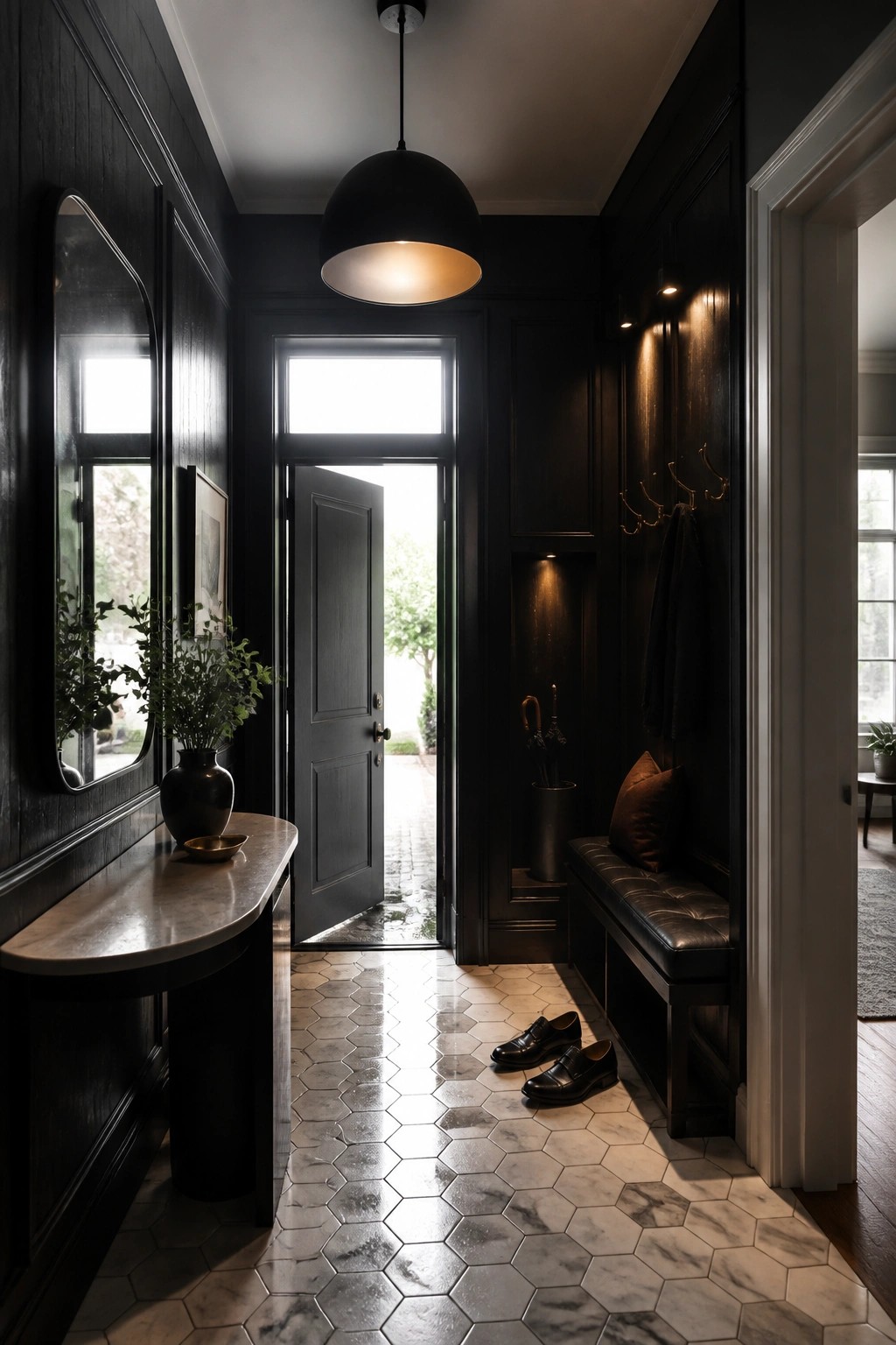 A narrow interior entryway with dark wood paneling, white marble hexagonal floor tiles, a black leather bench, a marble console table, and an open front door showing an outdoor view.