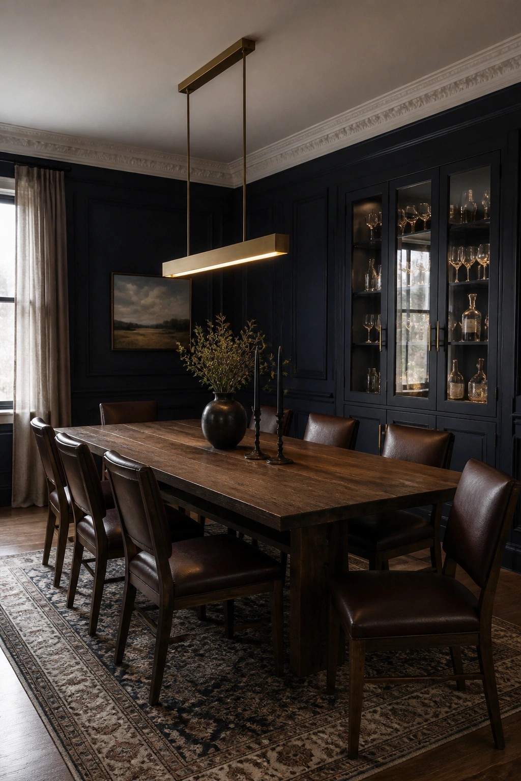 Dark wood dining table with leather chairs, navy walls, brass pendant light, and glass cabinet