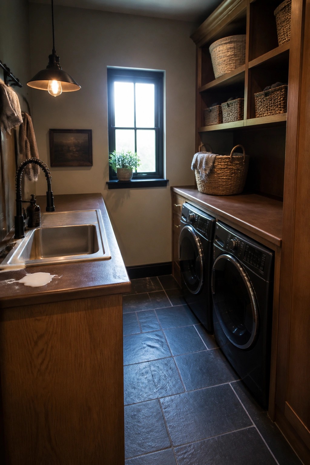 A laundry room with dark wood cabinetry, open shelving holding woven baskets, a utility sink with black faucet, two black front-loading washing machines under a dark countertop, and a window above the counter.