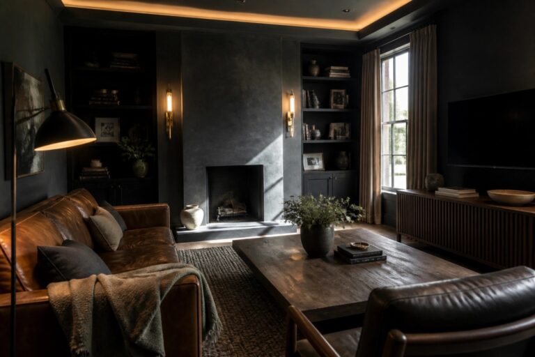 18 Dramatic Dark Masculine Interior Design Ideas With Layered Ambient Lighting A dark masculine living room featuring a central fireplace, brown leather sofa with throw blanket, dark wood coffee table, built-in shelves, and multiple ambient light sources including ceiling cove lighting, wall sconces, and a floor lamp.