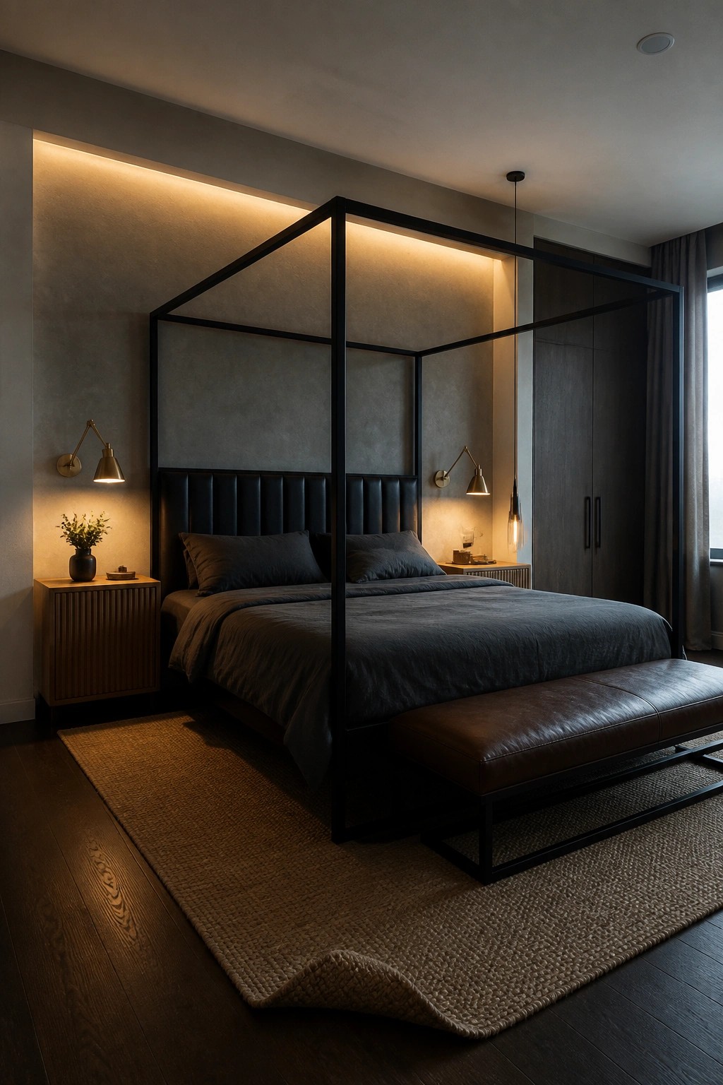 Modern dark bedroom with black four-poster bed, leather bench, and warm lighting.