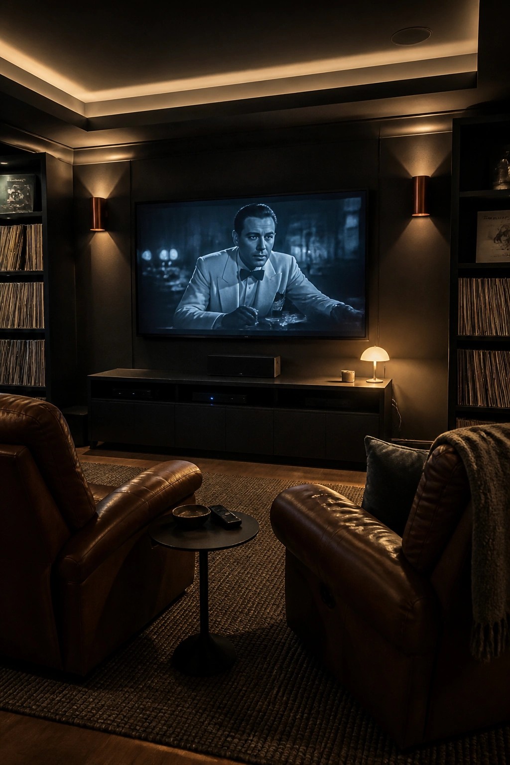 A dark home theater room with two brown leather recliners, a large wall-mounted TV showing a man in a white suit, built-in record shelves on both sides, and warm lighting from two copper wall sconces plus a small table lamp.