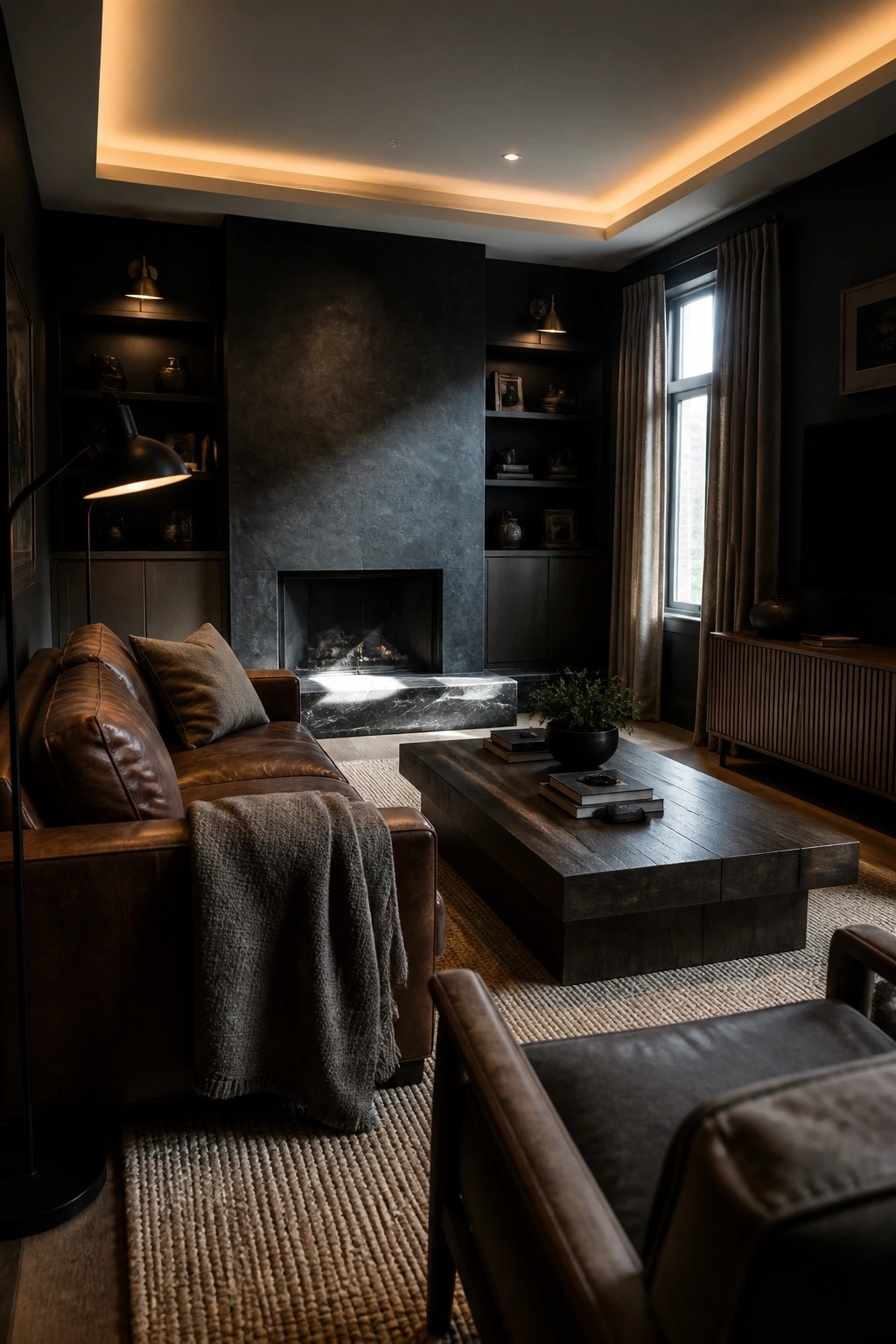 A dark masculine living room featuring a central fireplace, brown leather sofa with throw blanket, dark wood coffee table, built-in shelves, and multiple ambient light sources including ceiling cove lighting, wall sconces, and a floor lamp.