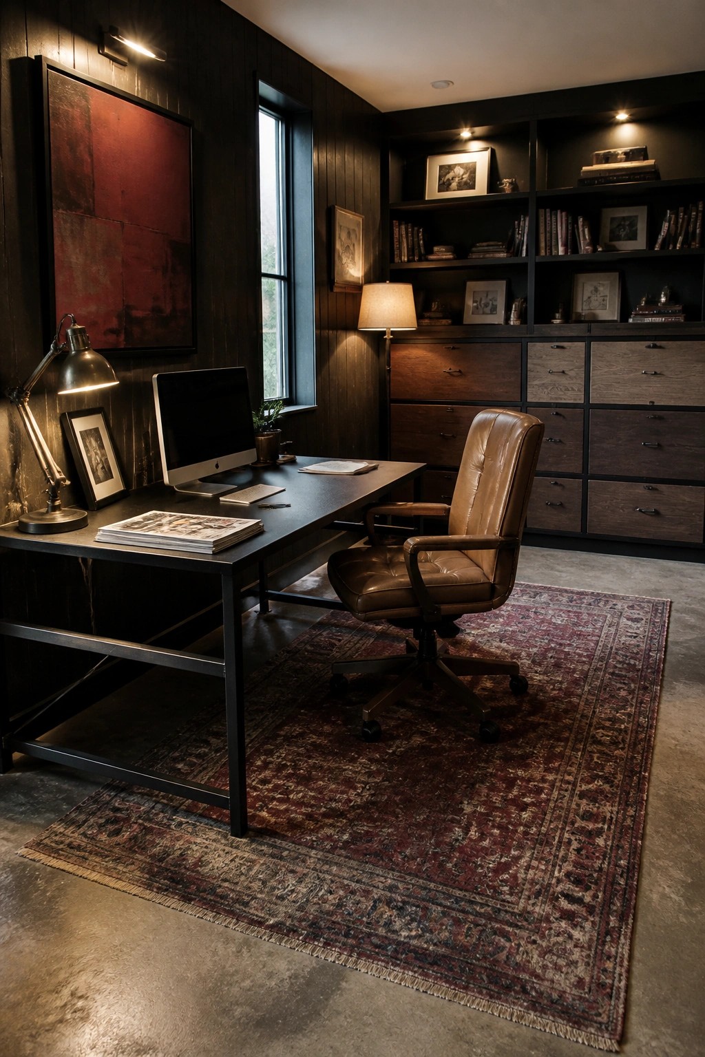 A dark masculine home office with black walls, a desk with a computer and desk lamp, a brown leather chair, and built-in bookshelves with integrated lighting.