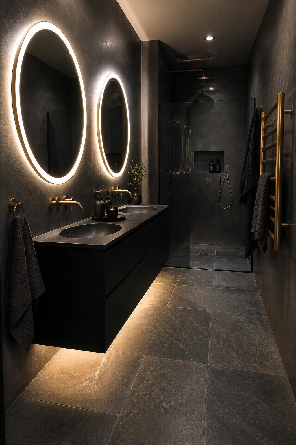 A narrow dark bathroom with two round backlit mirrors above a floating black double vanity and a glass shower enclosure.