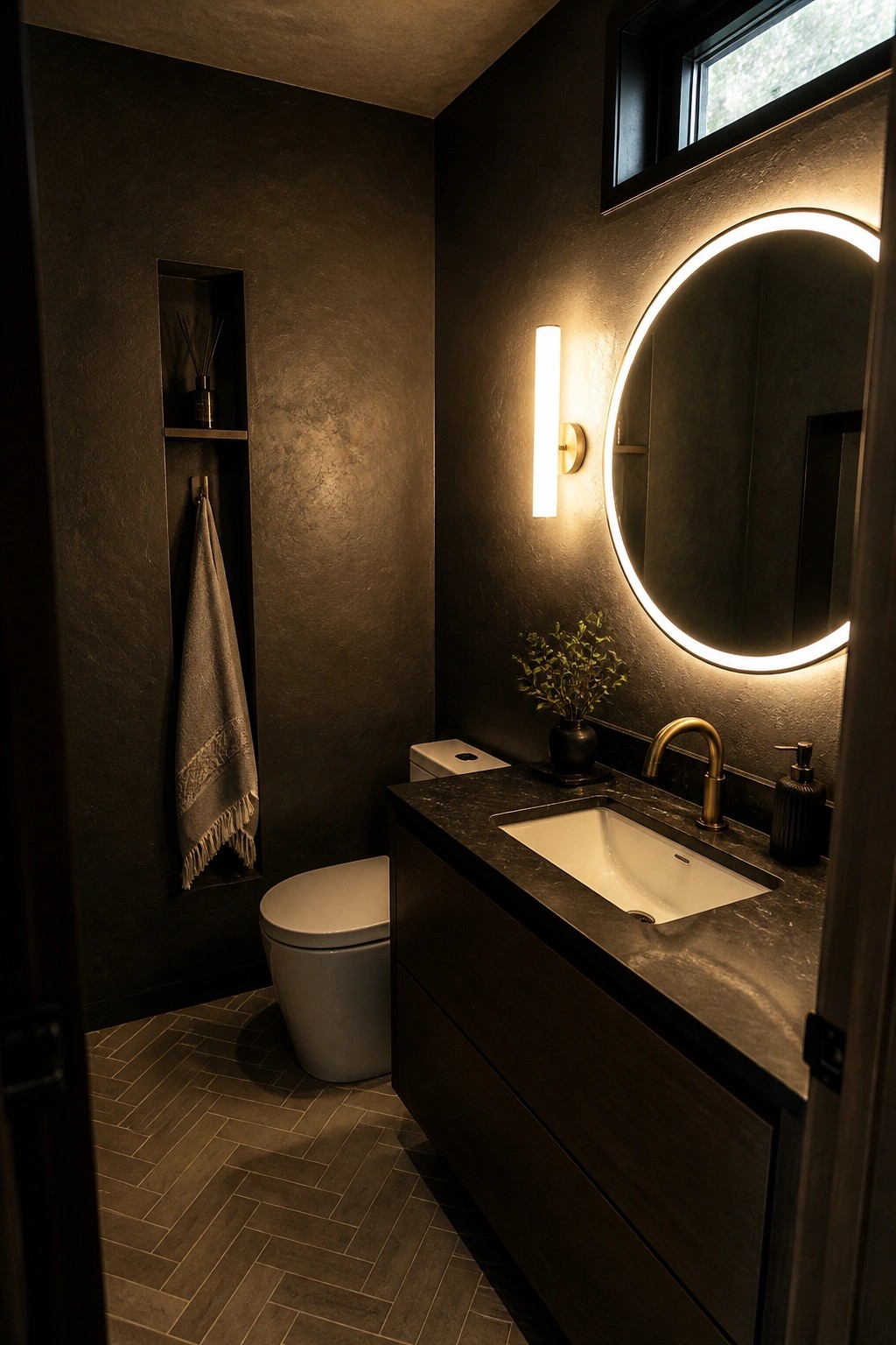 Dark modern bathroom with backlit round mirror, marble vanity, and white toilet.