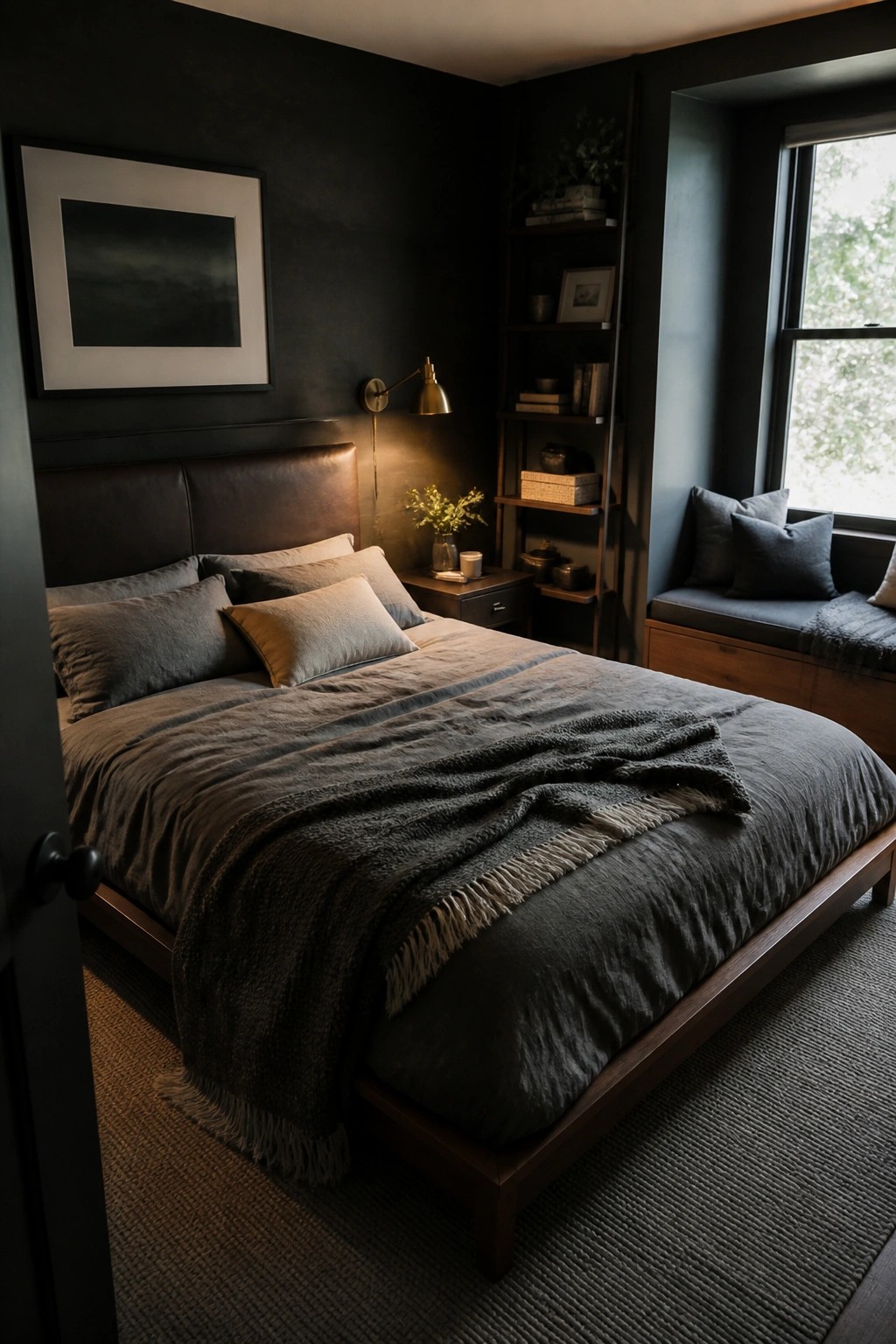 Dark bedroom with wooden bed, gray linens, wall sconce, and window seat.