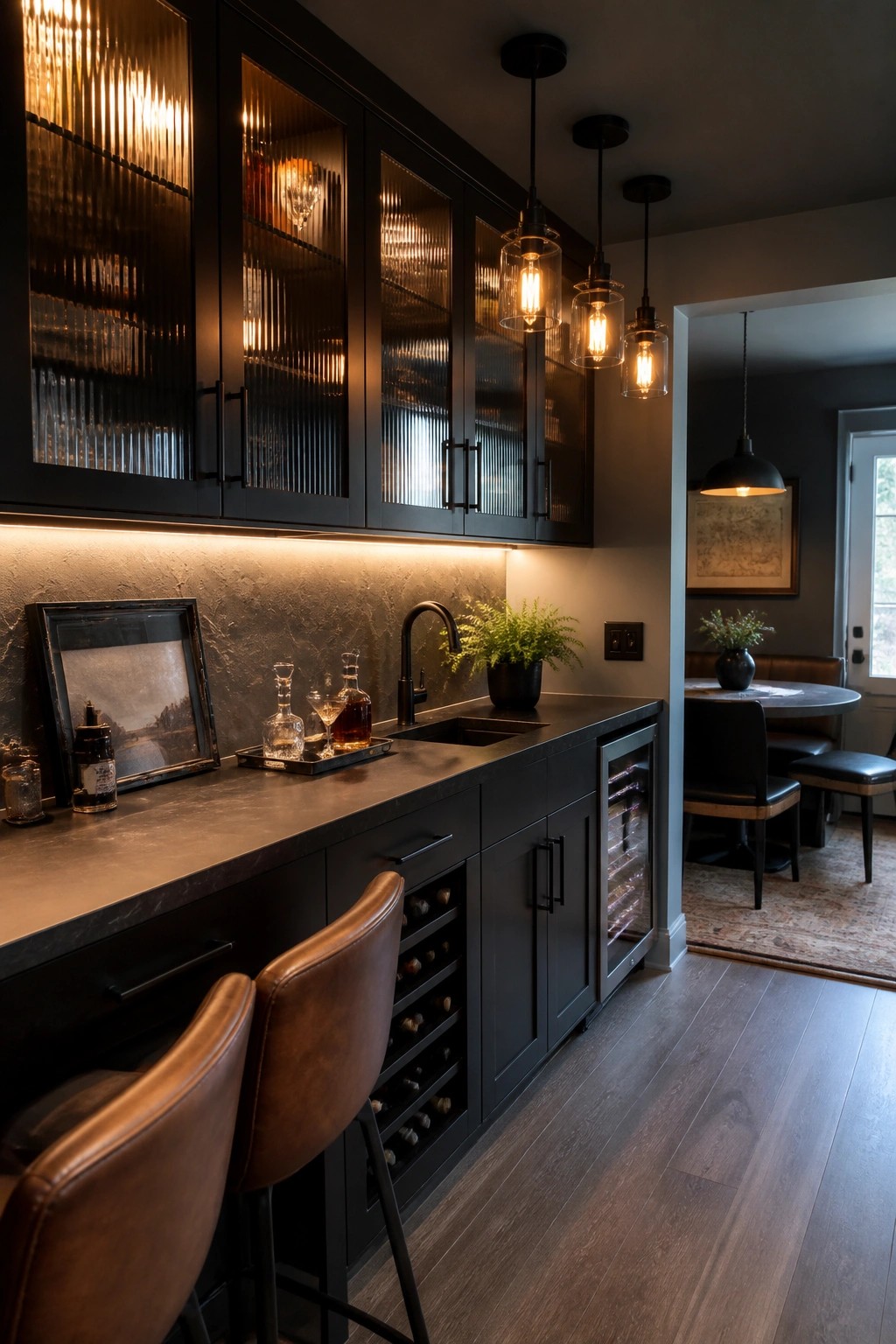 Dark modern kitchen with black cabinets, leather bar stools, and pendant lights.