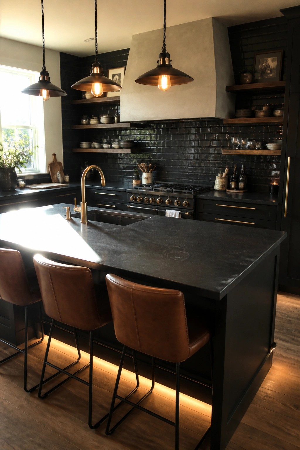 A dark modern kitchen with black cabinets, a large island, brown leather bar stools, and three black pendant lights hanging above the island.