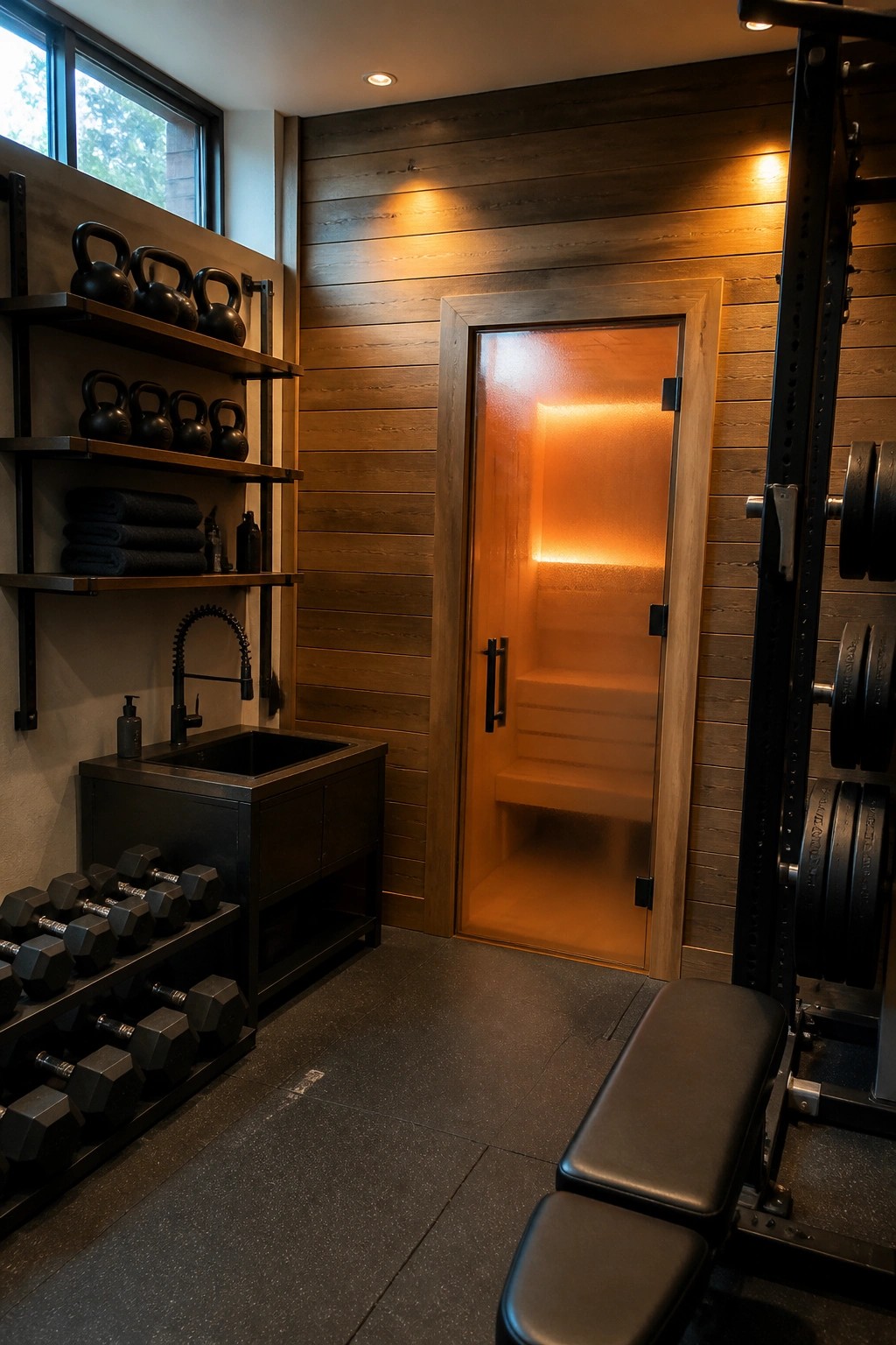 Modern home gym with glowing wooden sauna, kettlebell shelves, dumbbells, sink, and weight bench.