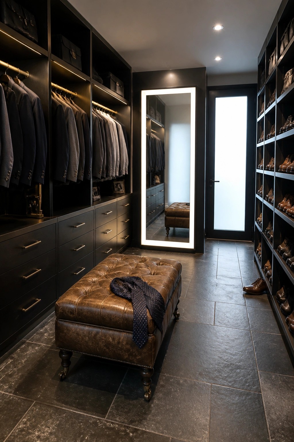 A dark masculine walk-in closet with black shelving, hanging suits, shoe storage, a brown tufted leather ottoman, and a tall mirror framed with bright integrated lighting.