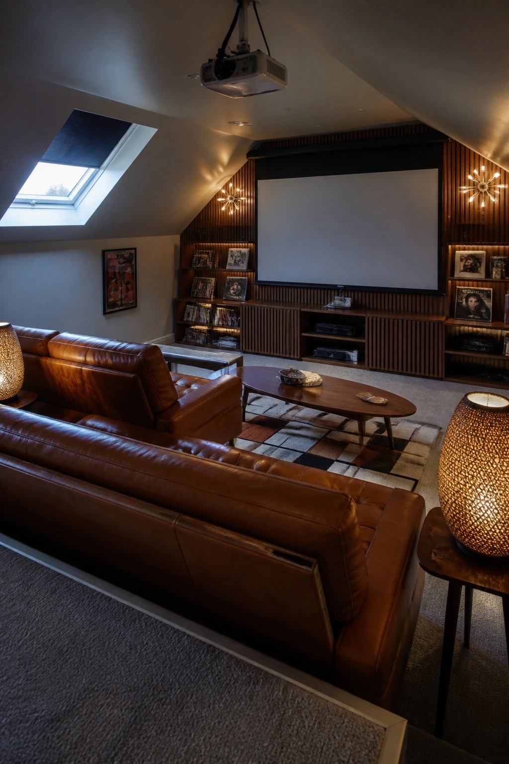 A home theater with brown leather sofas facing a large screen set into a wood-paneled wall with built-in shelves and cabinets.