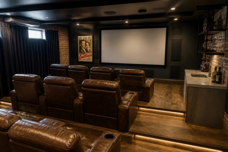 A home theater with multiple rows of brown leather recliners on tiered platforms facing a large white projector screen.