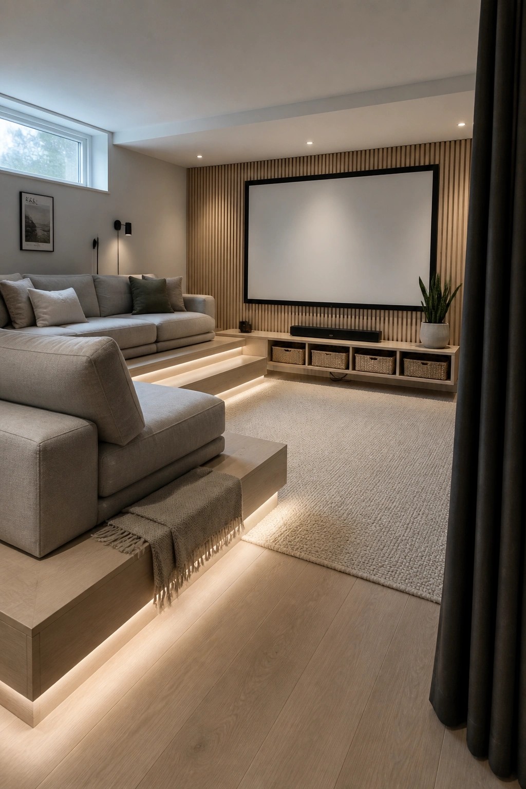 A modern home theater with a large projector screen on a wood slat wall, a gray sectional sofa arranged on light wood tiered steps with integrated lighting, and a large beige rug on the floor.