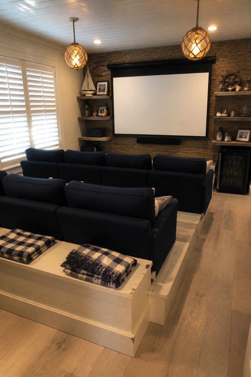 A home theater with navy blue sofas arranged in two rows on white tiered platforms facing a large projector screen.