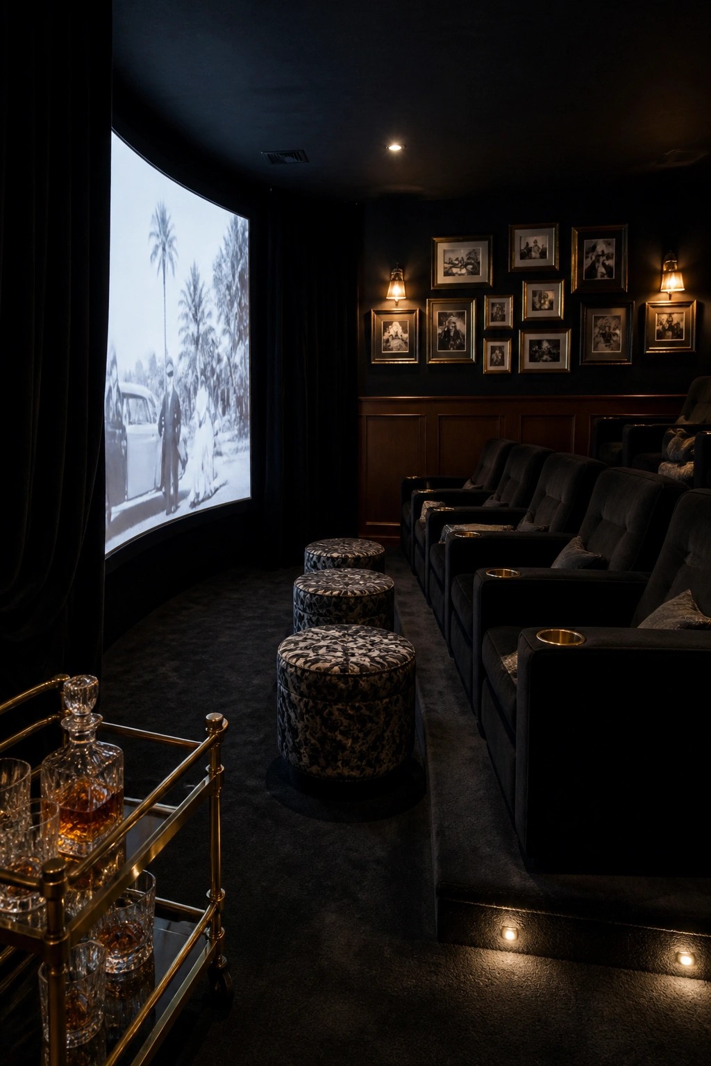 A dimly lit home theater with multiple rows of dark upholstered armchairs arranged on tiers facing a large projector screen, with patterned ottomans in the aisle and framed photos on the back wall.