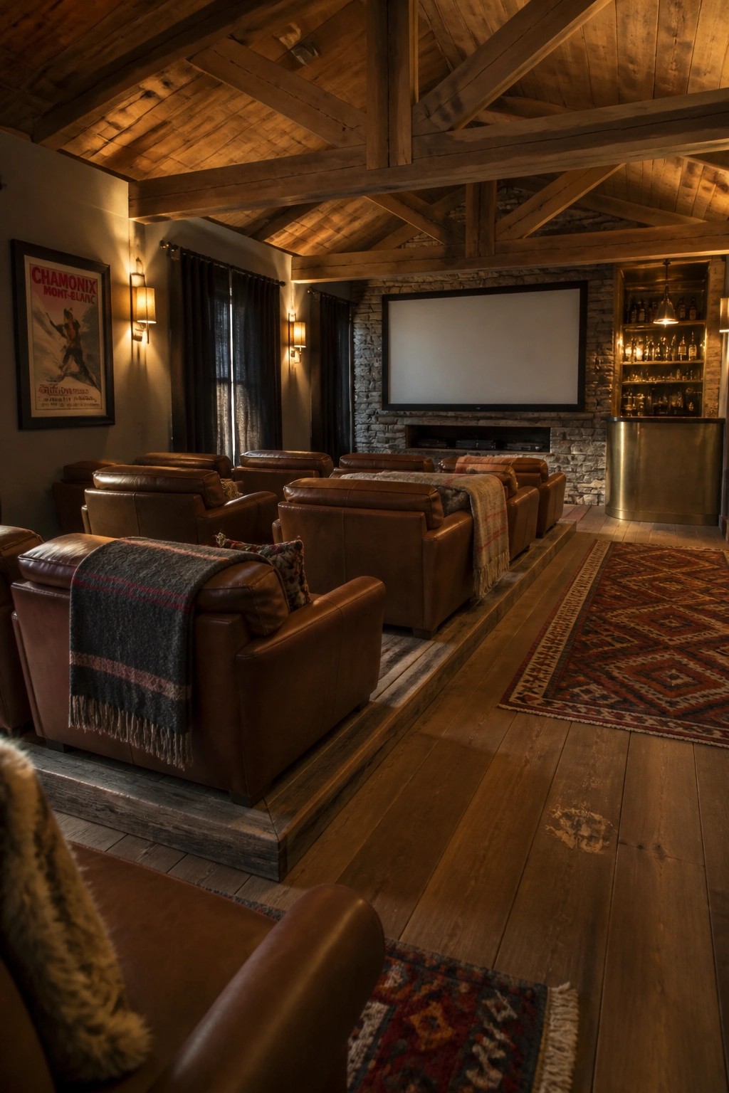 A rustic home theater with multiple rows of brown leather recliners arranged on tiered wooden platforms facing a large projector screen mounted on a stone wall.