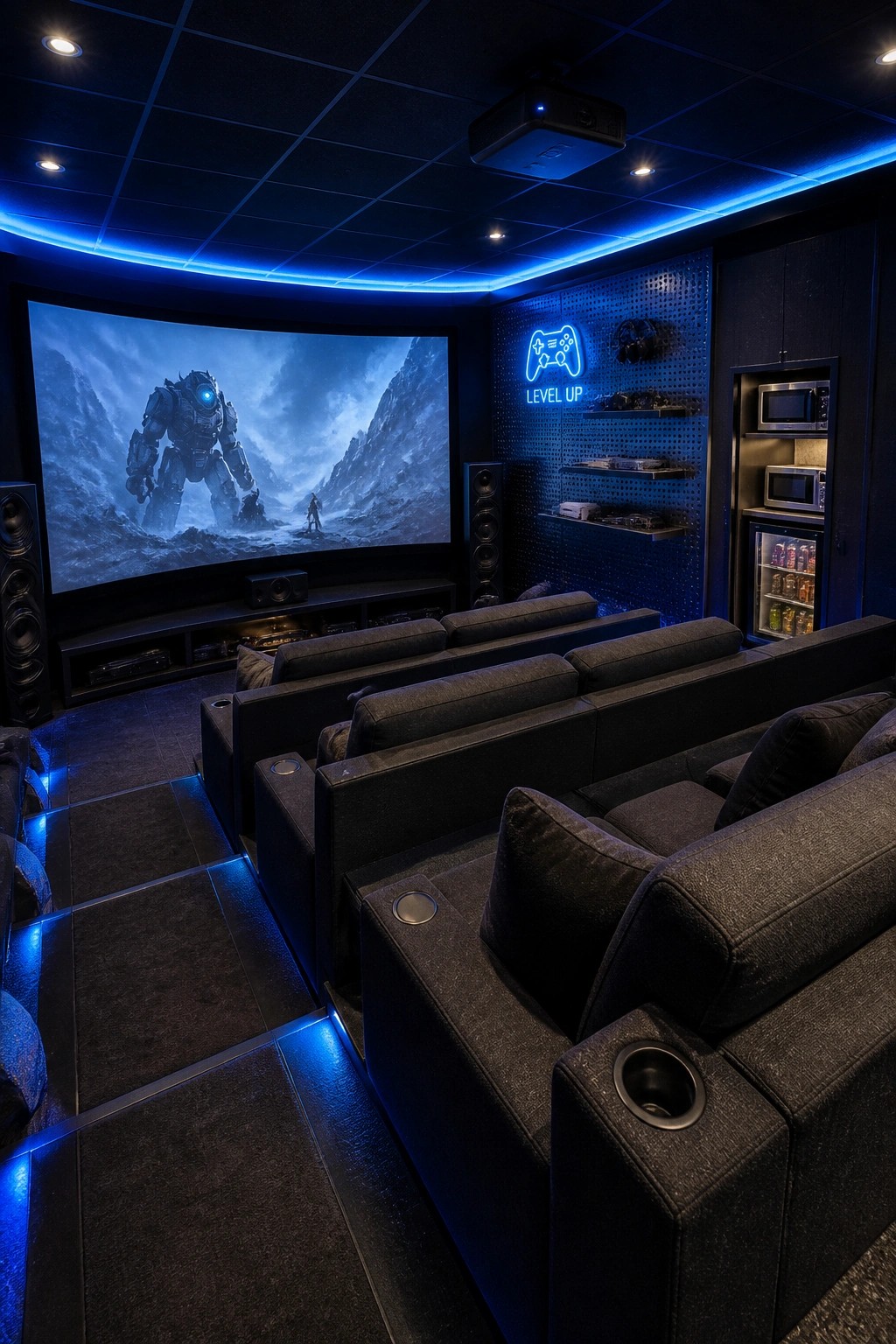 A home theater with multiple rows of dark tiered seating facing a large projector screen showing a robot in a mountain scene, blue LED lighting along the floor and ceiling, and a blue neon gaming sign on the side wall.