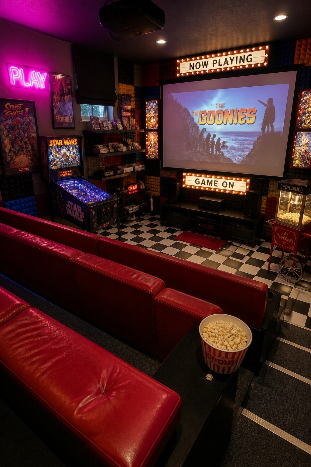 Interior view of a home theater with tiered red leather seating facing a large projector screen showing The Goonies.