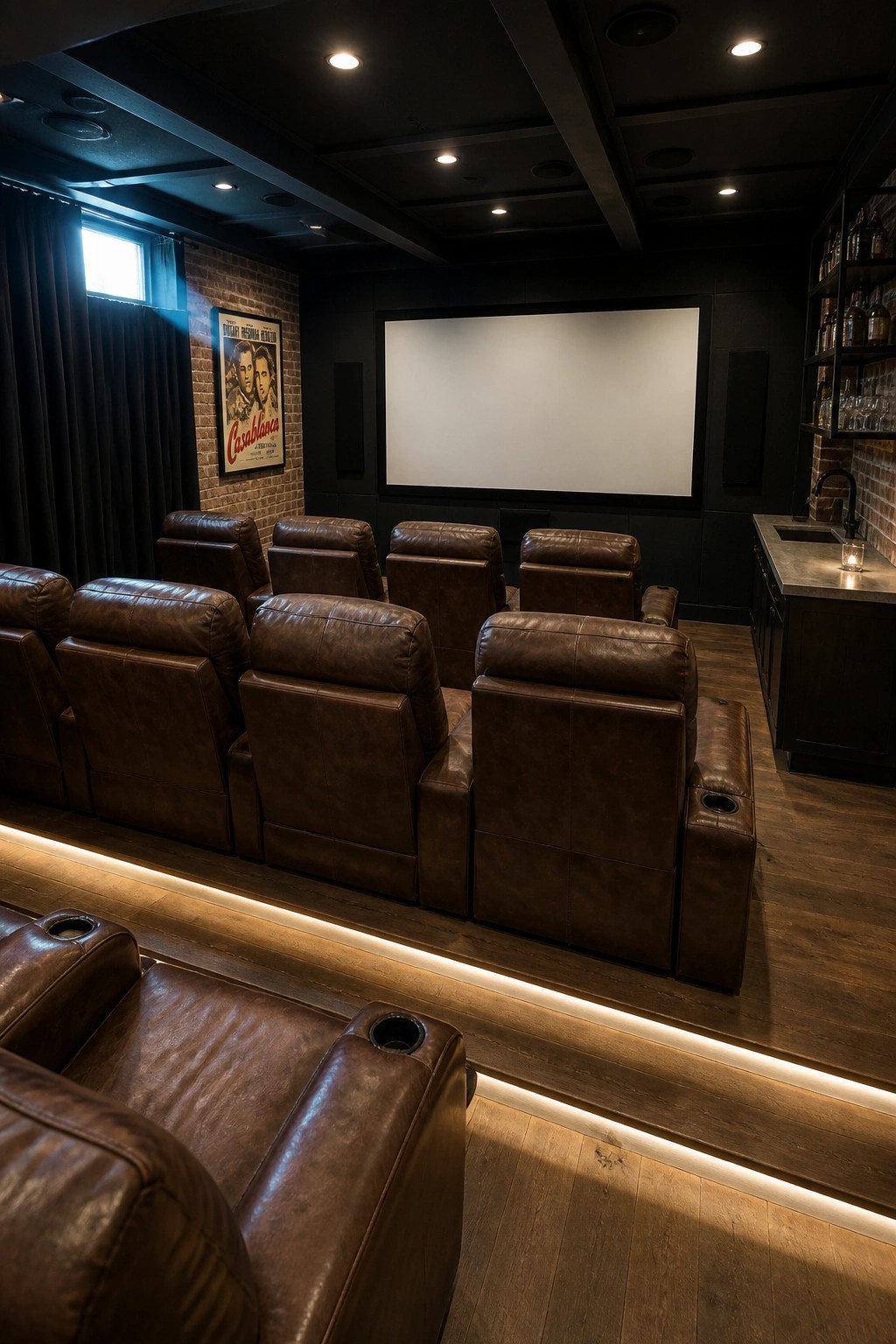 A home theater with multiple rows of brown leather recliners on tiered platforms facing a large white projector screen.