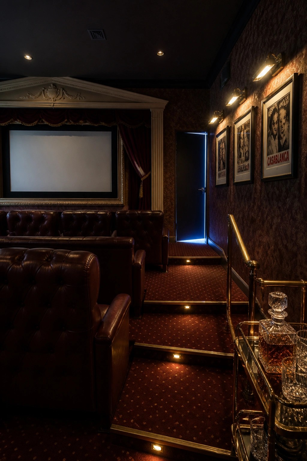 Interior of a home theater with tiered rows of dark leather seats facing a large projector screen, red patterned wallpaper, framed movie posters on the wall, and illuminated steps leading to a side door.