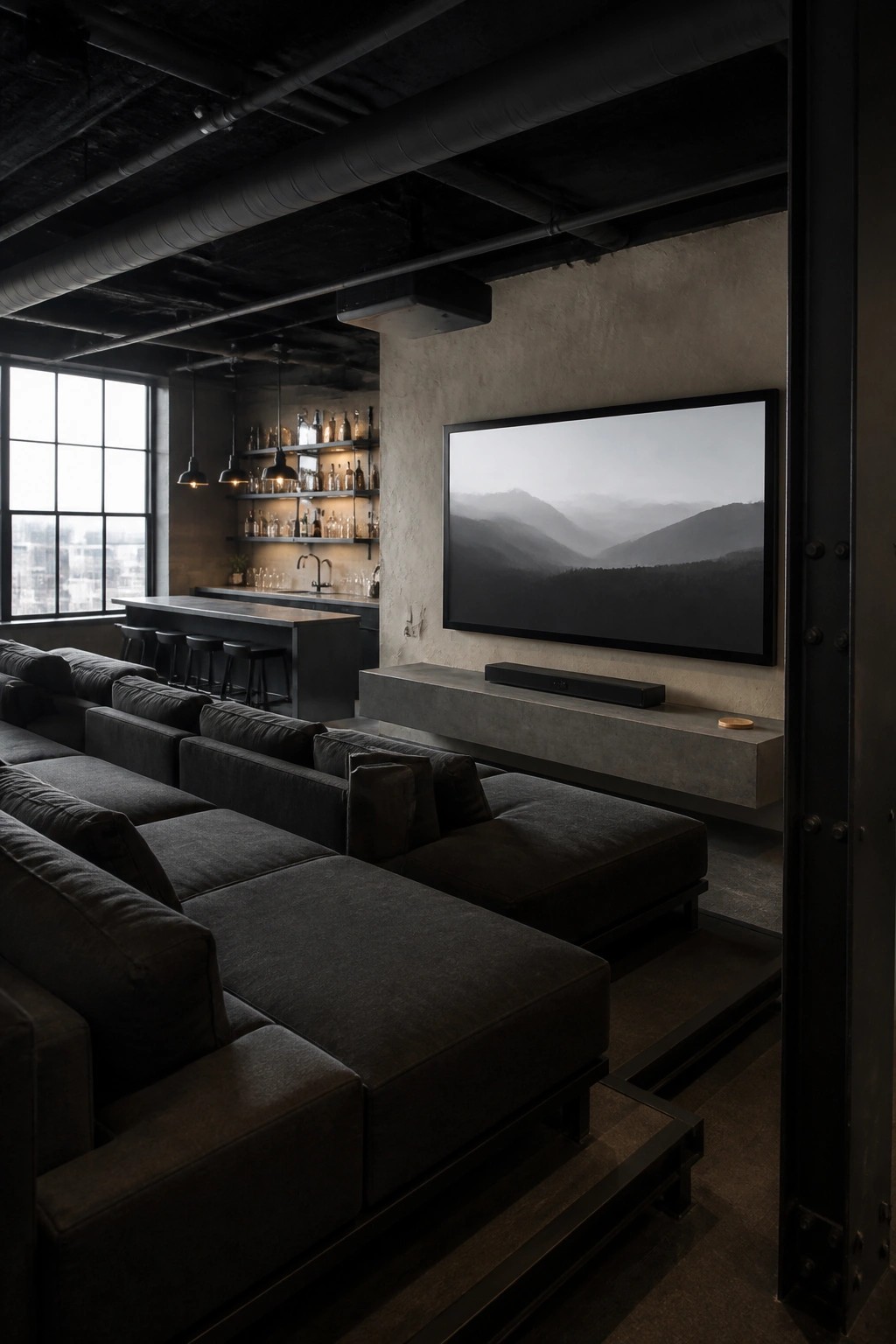 A dark gray sectional sofa arranged on tiered platforms in a modern home theater facing a large wall-mounted television above a floating concrete console.