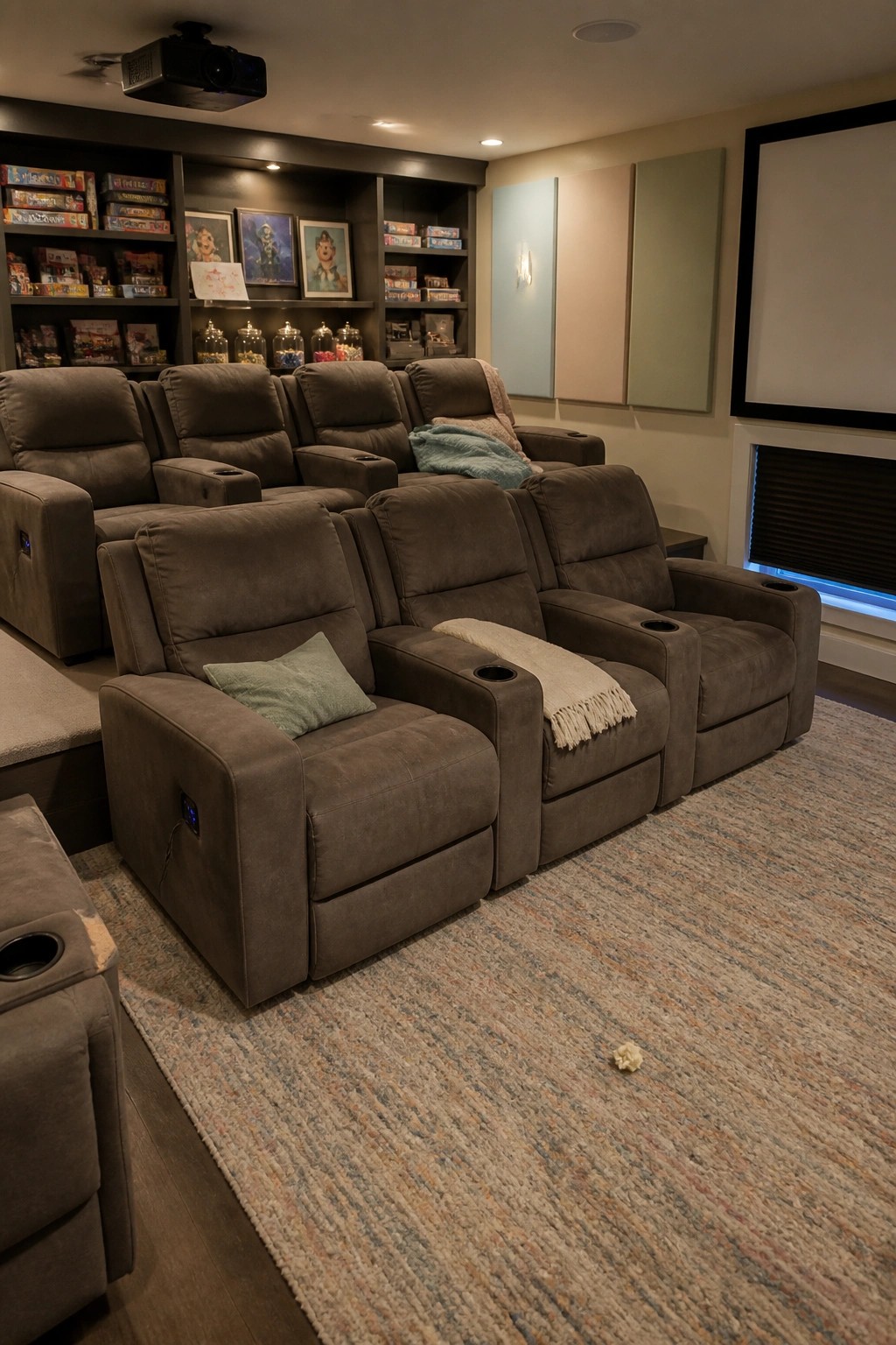 Rows of brown recliners in a home theater with projector and screen.