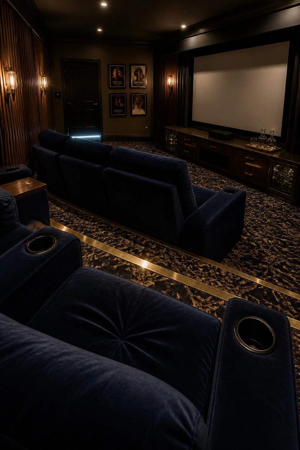 Luxurious home theater with navy velvet recliners, patterned carpet, and large screen.