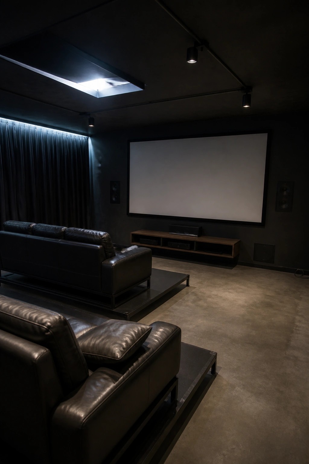 Dark home theater with black leather sofas facing large projection screen and console.