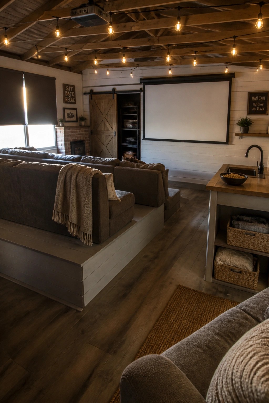 A rustic man cave interior with brown sectional seating arranged on a raised white platform facing a large projector screen, string lights on wooden ceiling beams, and a barn door in the background.