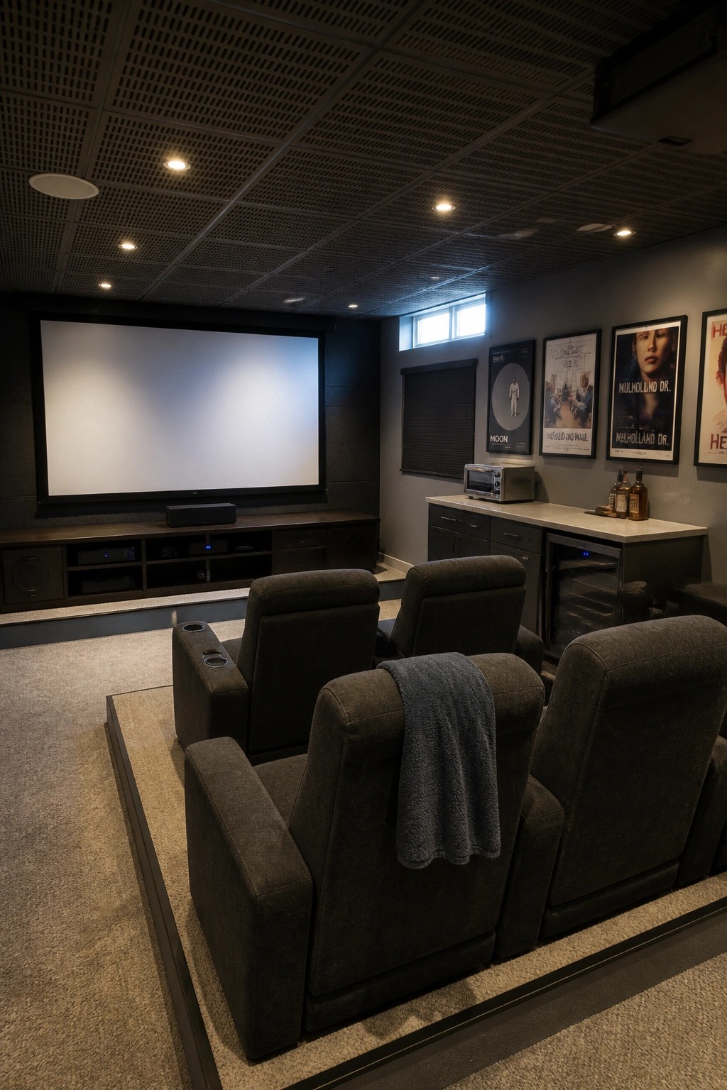 A home theater interior with rows of dark gray recliners on a raised carpeted platform facing a large screen, and a counter with a mini fridge along the side wall.