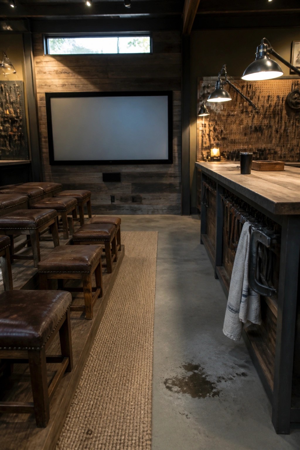 Rustic media room with leather stools facing large screen beside wooden industrial bar