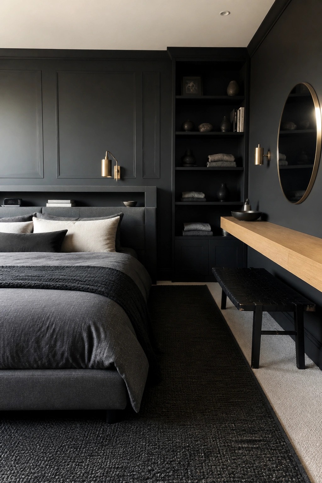 A dark minimalist bedroom with built-in black shelving and cabinetry beside the bed, a floating wooden desk with bench, and a round mirror on the wall.